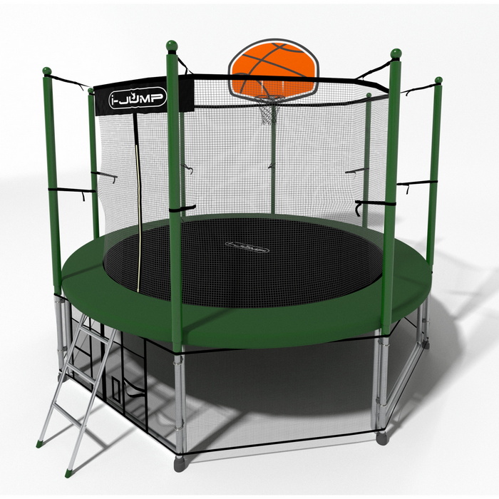 Батут i-Jump Classic Basket 14FT 427 см с нижней сетью и лестницей зеленый 700_700